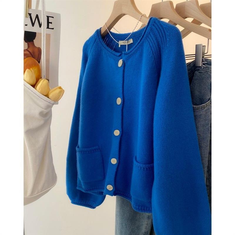 特大码300斤克莱因蓝针织开衫毛衣外套女秋冬胖mm宽松慵懒风上衣