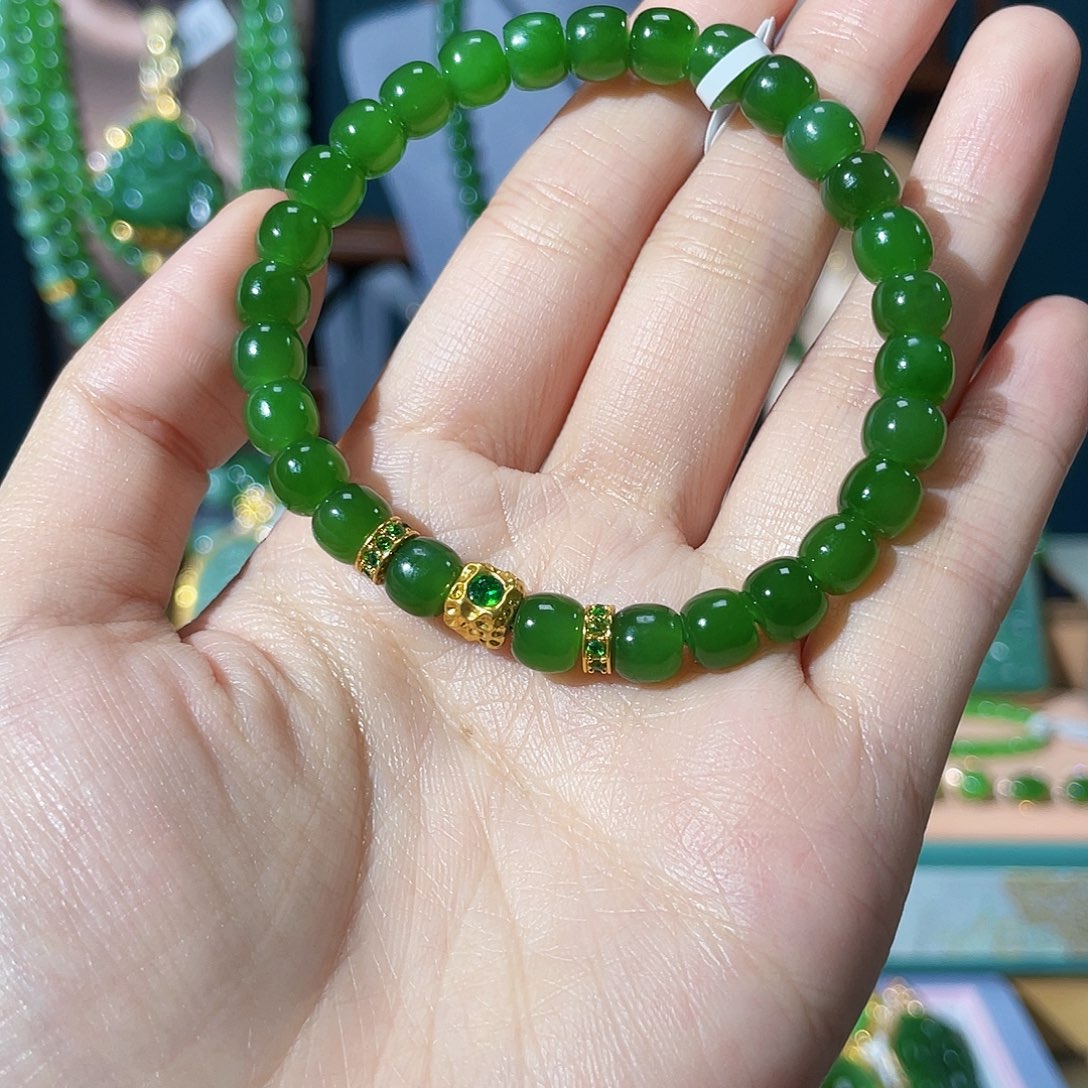 和田玉（碧玉）手串18K金镶嵌