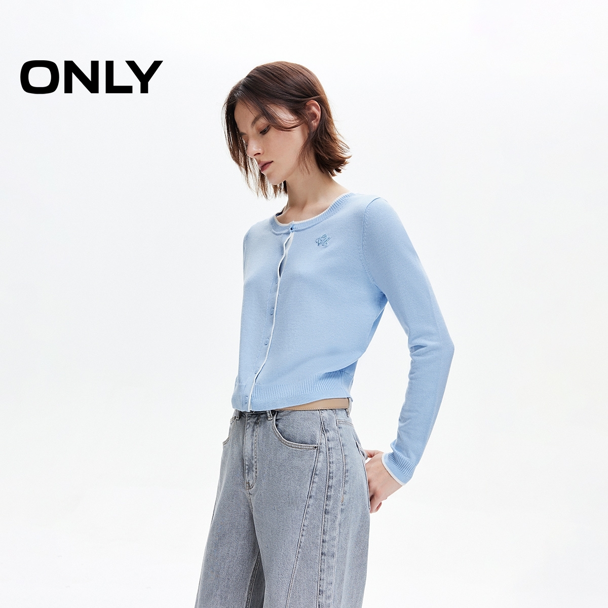 ONLY2025秋季新款撞色边设计正肩长袖开衫针织衫女|12533A020