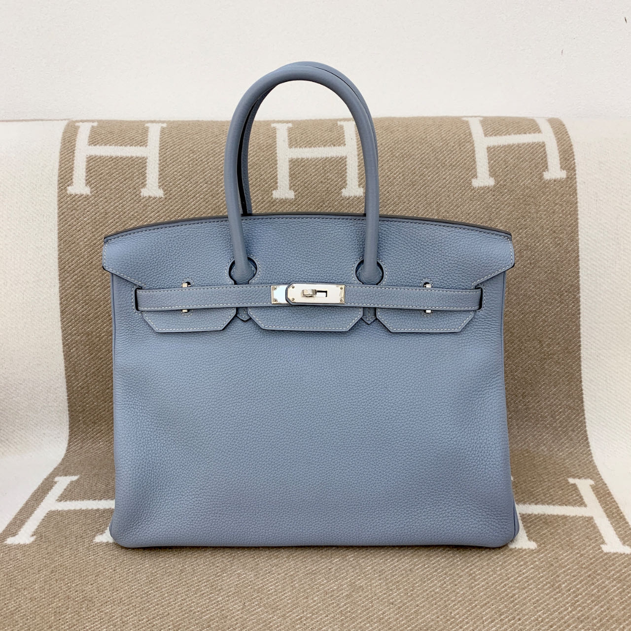 95新 Hermes/爱马仕 98新birkin 35 togo 框P 亚麻蓝jd0605a1