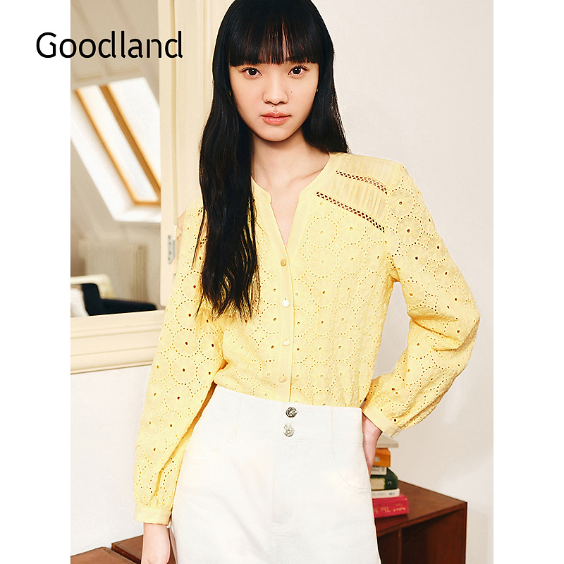 Goodland美地2025春季新款法式马德拉刺绣半开领镂空衬衫上衣