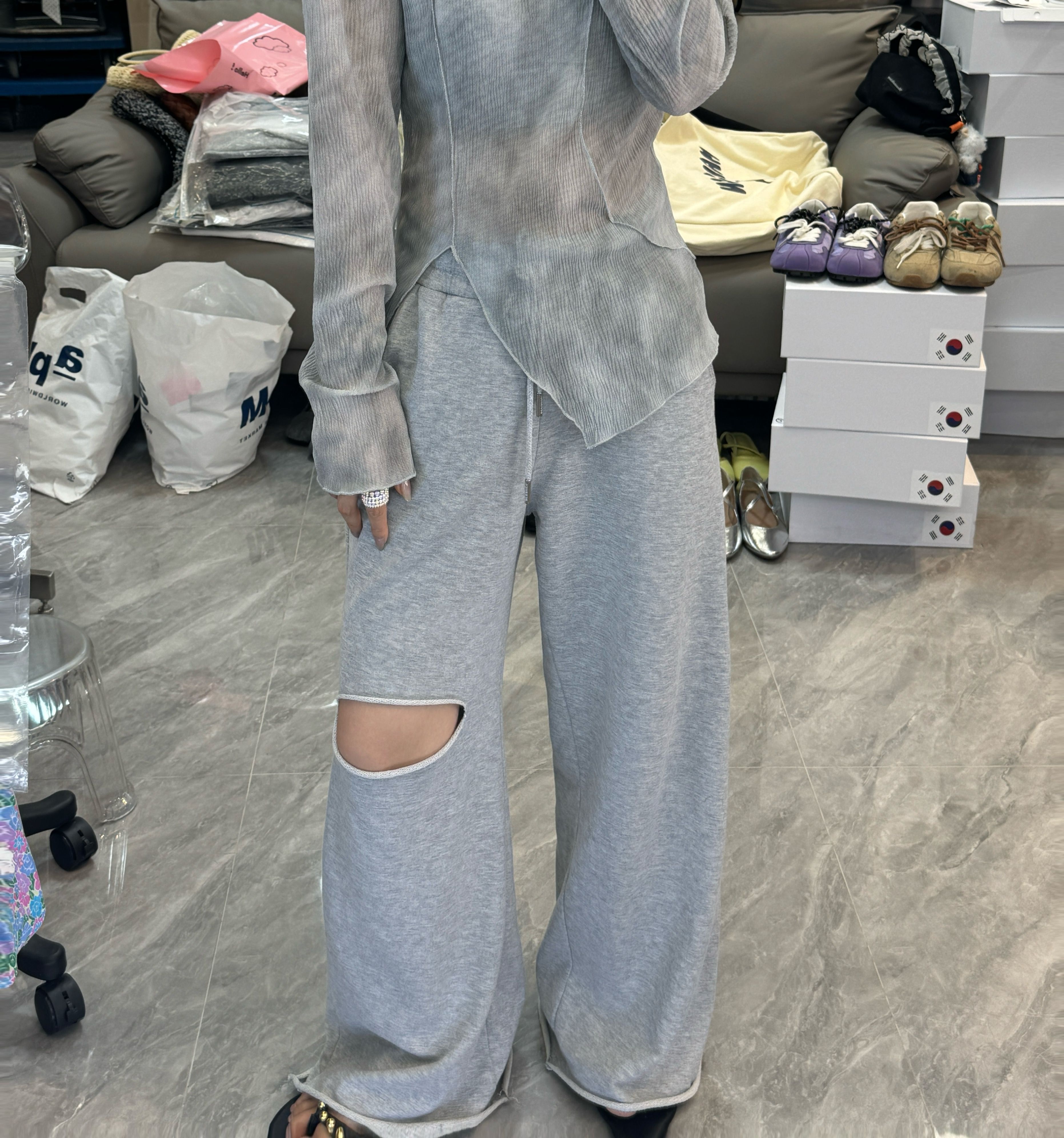 Apm东大门韩系 夏季薄款灰色阔腿裤休闲裤直筒 宽松破洞