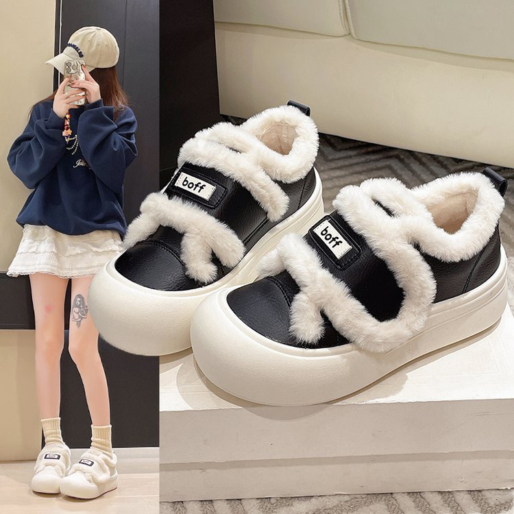 魔术贴厚底面包鞋女冬季加绒保暖棉鞋丑萌羊羔毛毛松糕底板鞋