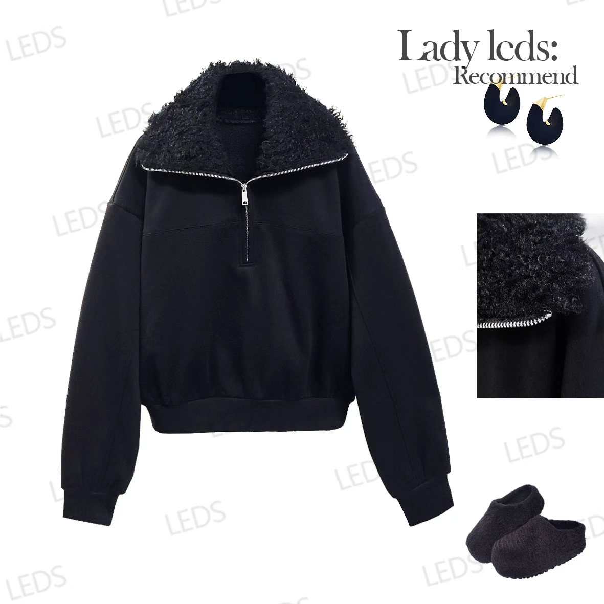 LEDS  S788冬日叠穿气质翻领时尚宽松保暖百搭卫衣