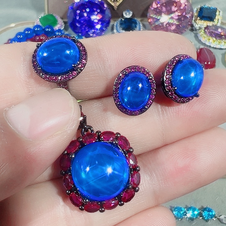 非金属红色蓝色满镶嵌吊坠戒指