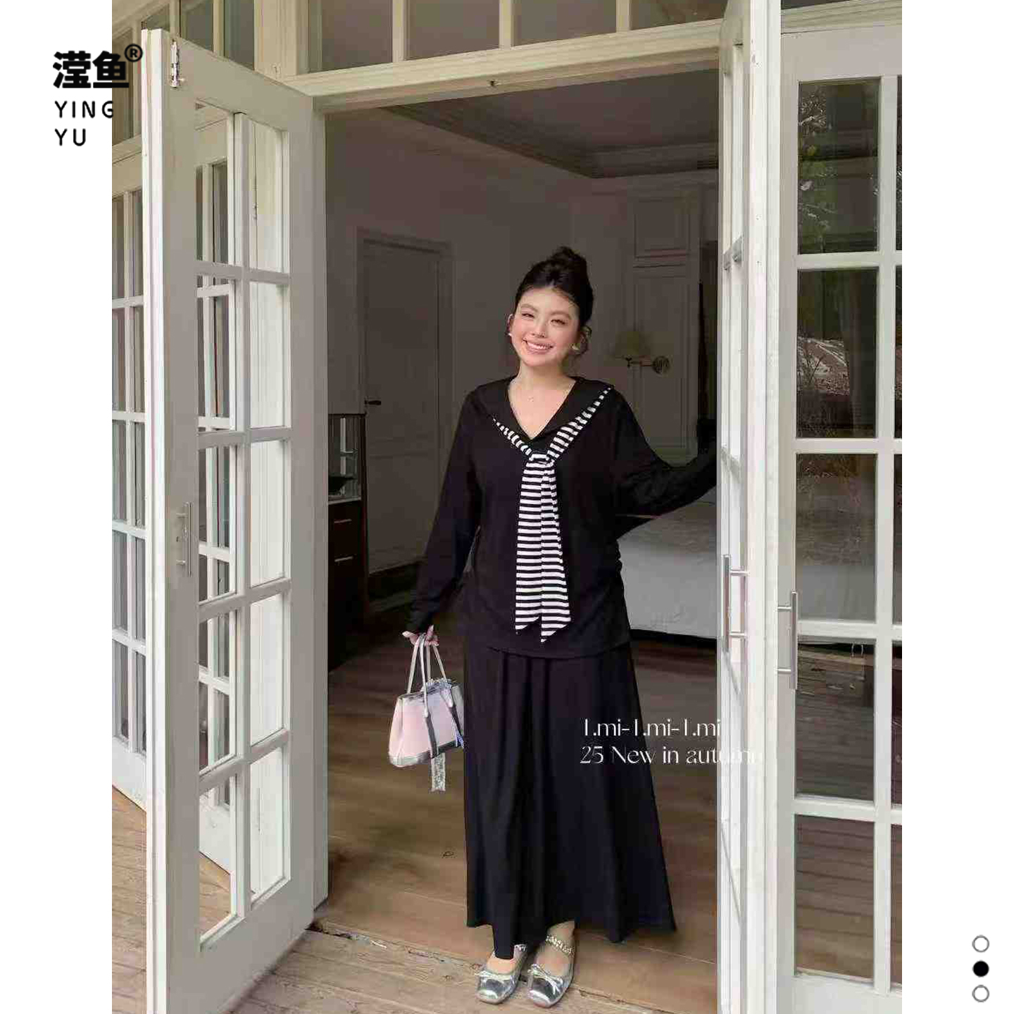 Tmi Q1006大码设计感衬衫长裙两件套条纹领带简约慵懒风时尚套装