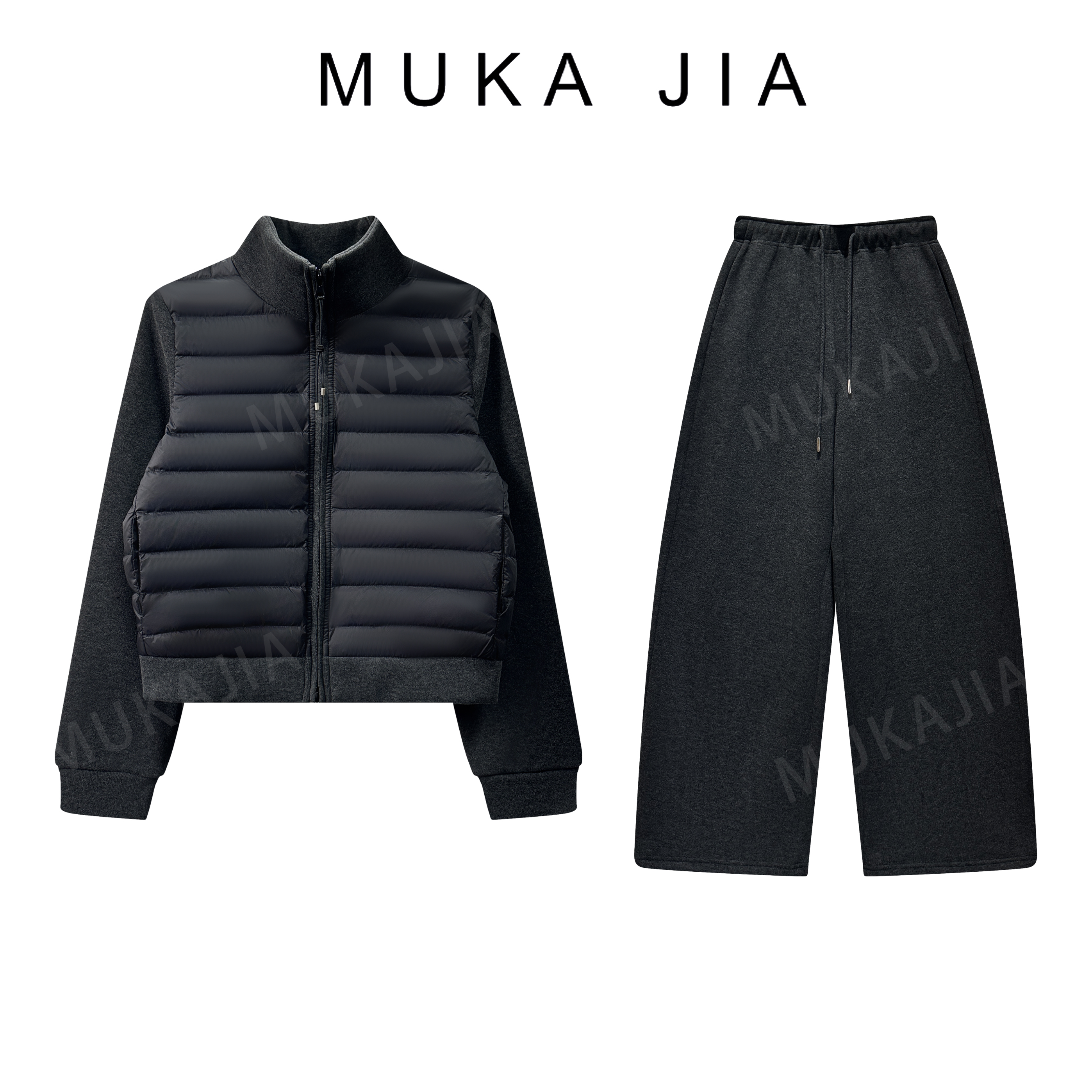 木卡家【立领排骨羽绒服套装】定制款冬款90白鸭绒外套厚裤子两件套