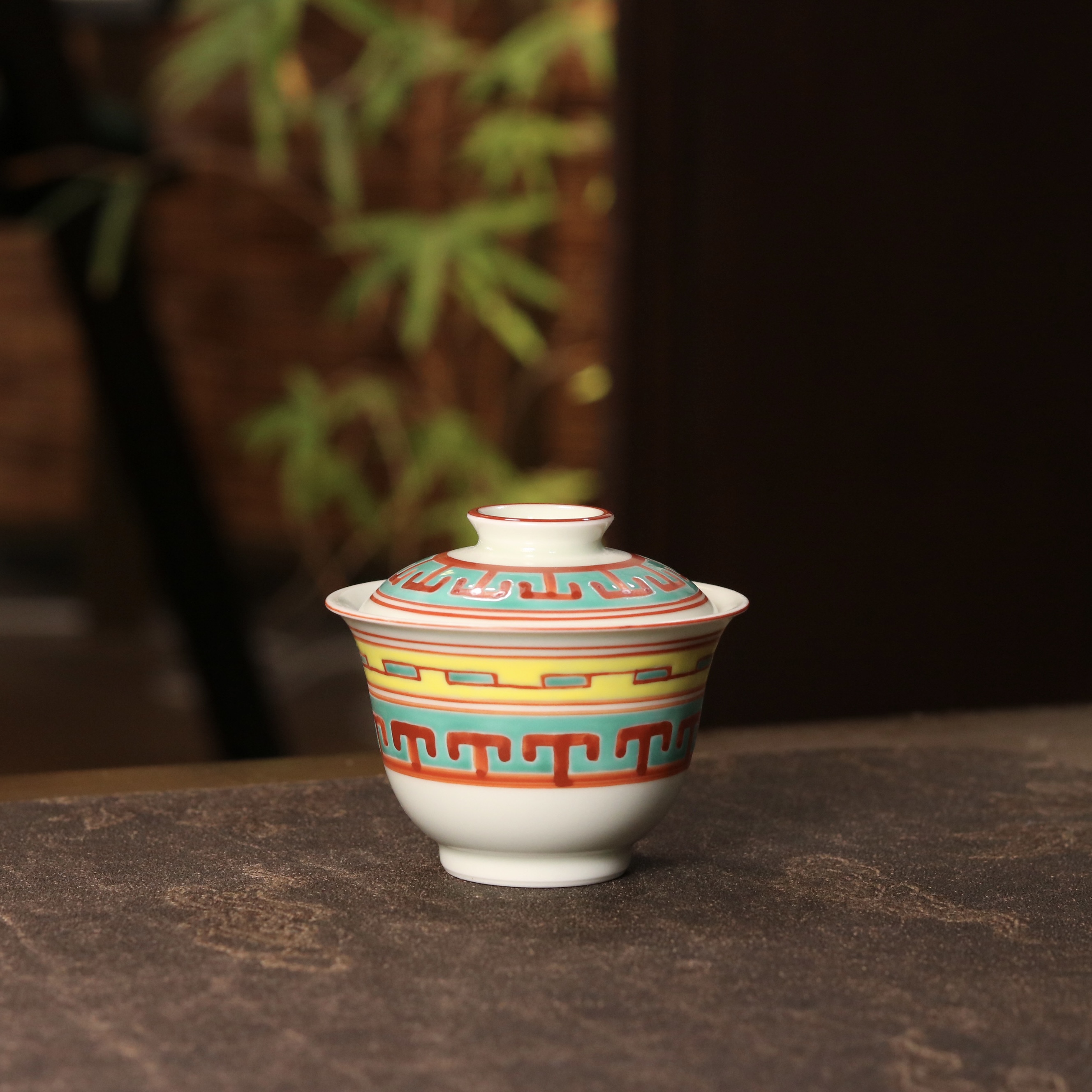雨溪山房 景德镇手绘红绿彩山字纹盖碗 茶道茶具 100cc