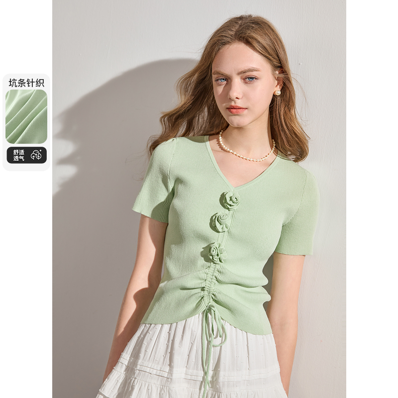 【小铃铛】三彩独醒2024夏季新款花朵抽绳系带V领针织衫短袖轻dbq