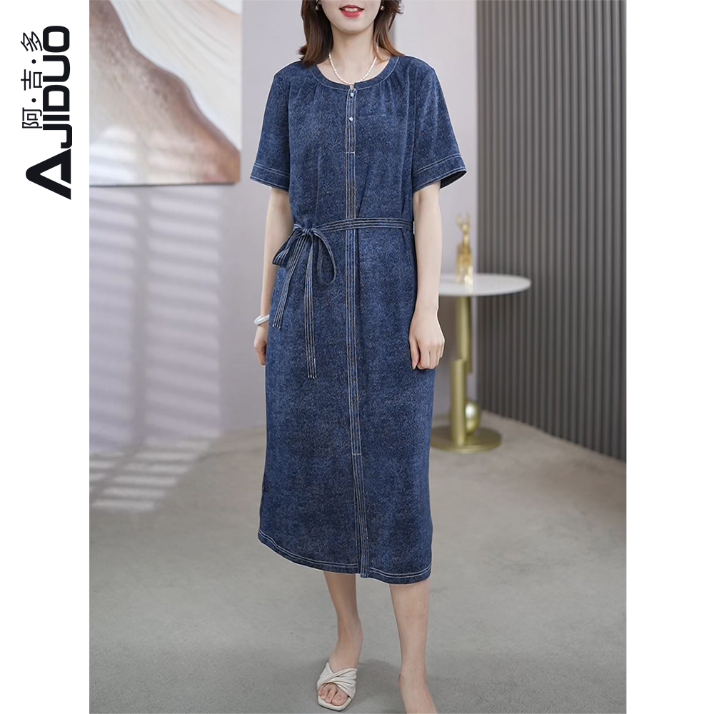 A78870阿吉多短袖连衣裙女2024新款夏季薄款长裙宽松系带高级裙子