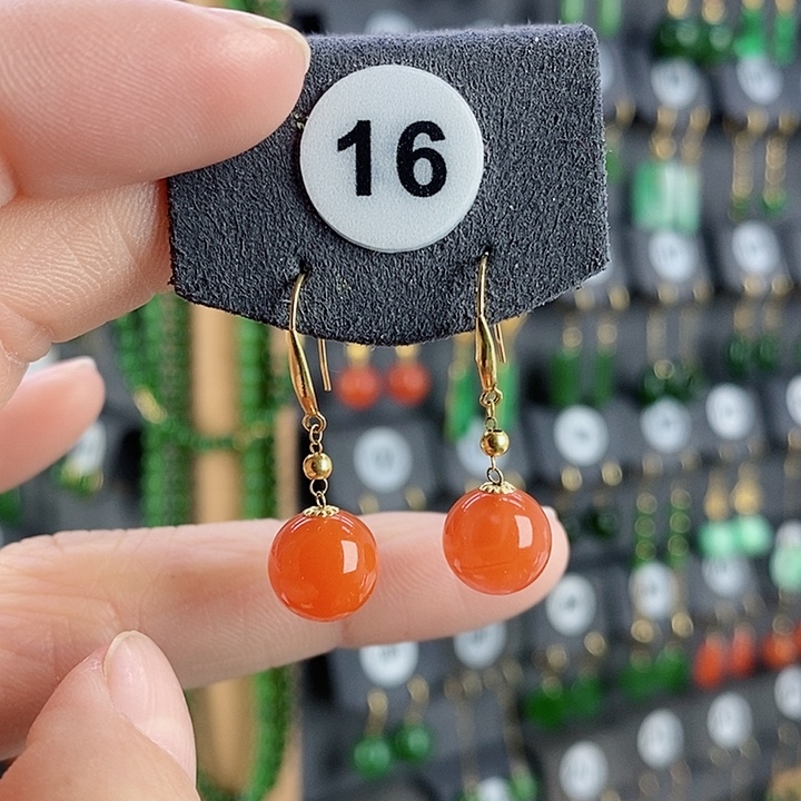 南红玛瑙耳饰18K金镶嵌