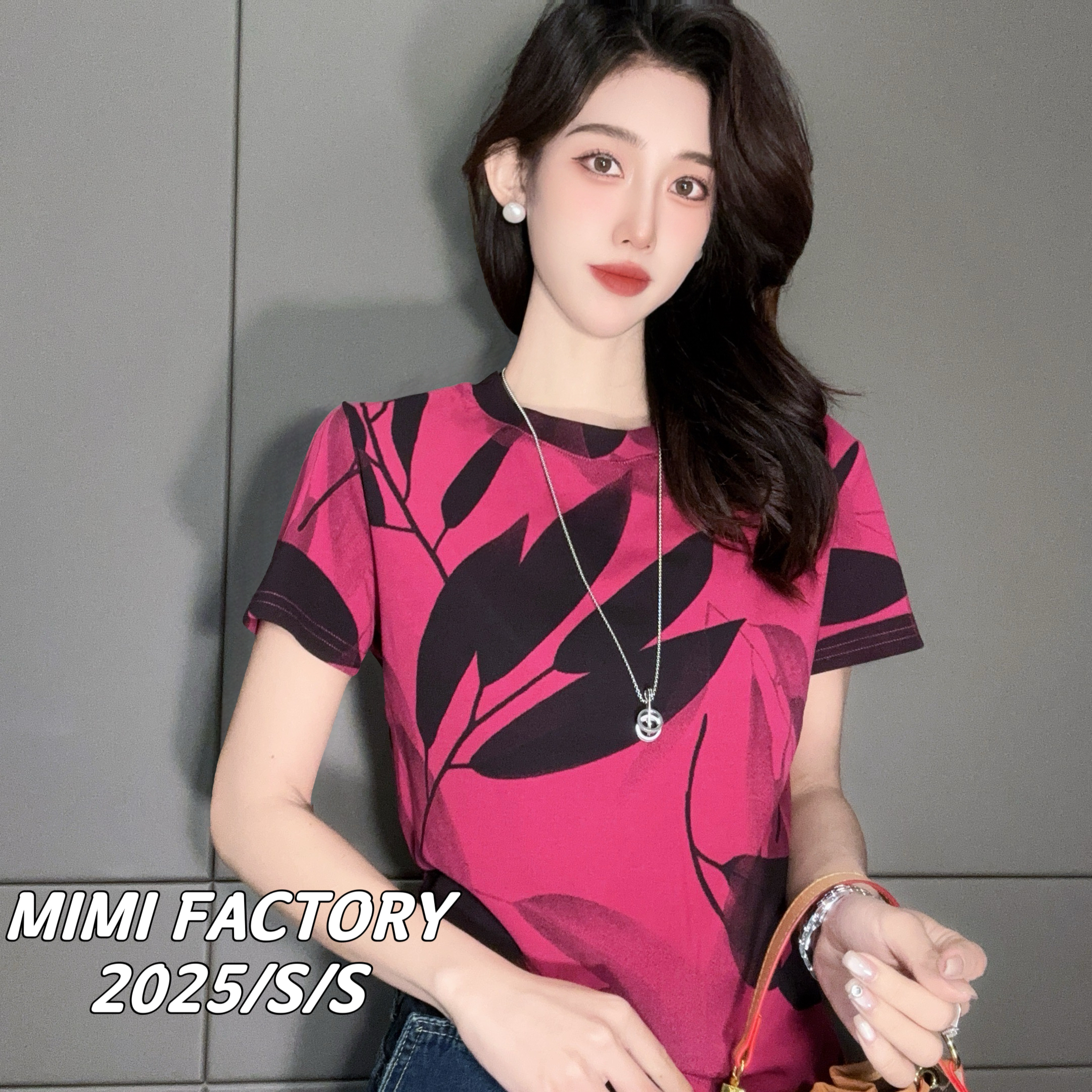 2025新款 欧货满印气质圆领直筒短袖T恤女打底内搭显瘦上衣#1431