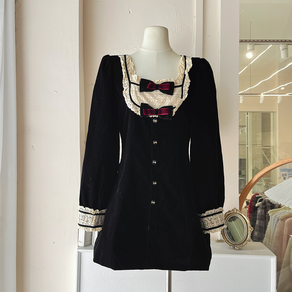 LHTE青青大码女装  法式方领拼接蕾丝丝绒连衣裙小黑裙L5484黑色