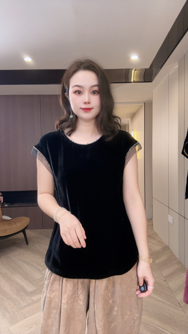 YS352飞飞袖黑色上衣100真丝丝绒气质百搭减龄