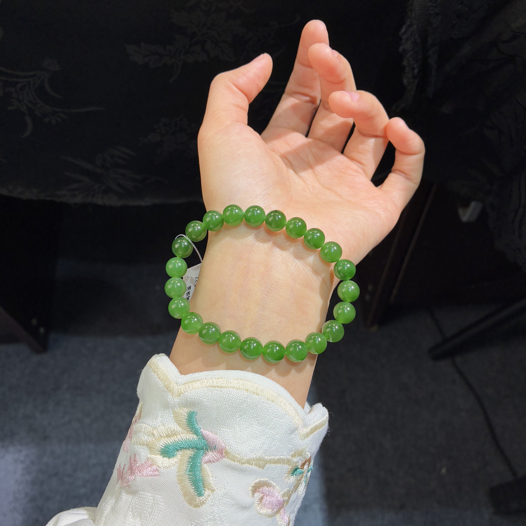 和田玉俄碧冰底辣绿色手串卡8