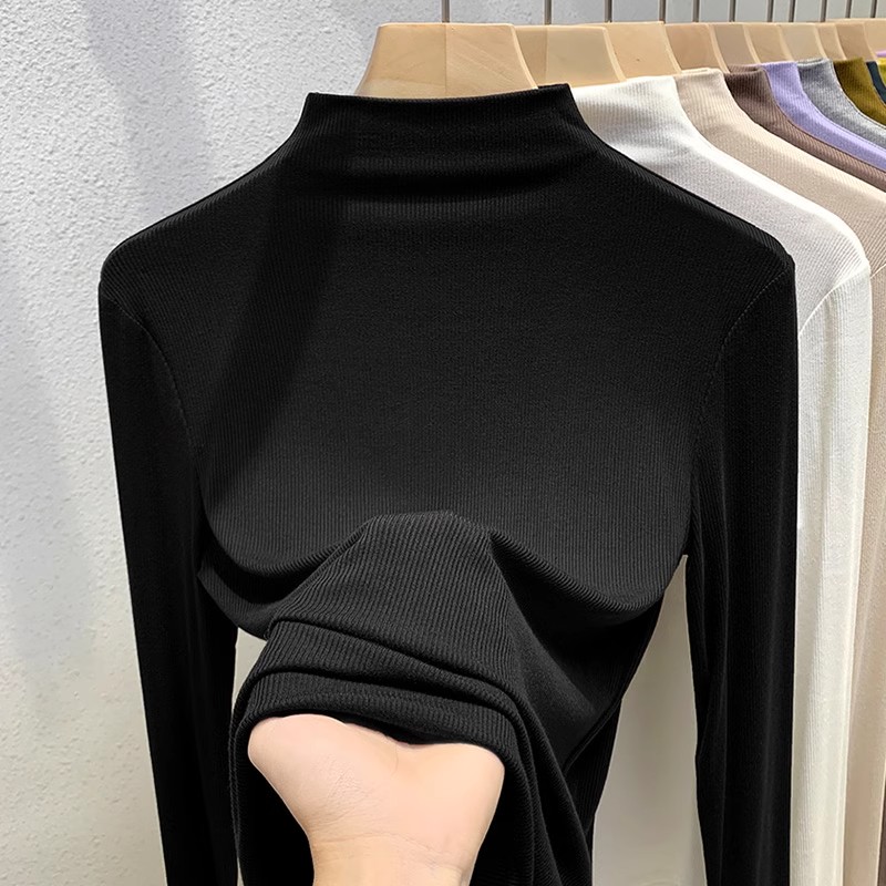 拉夏贝尔黑色半高领打底衫女士秋冬内搭长袖高级感螺纹洋气上衣