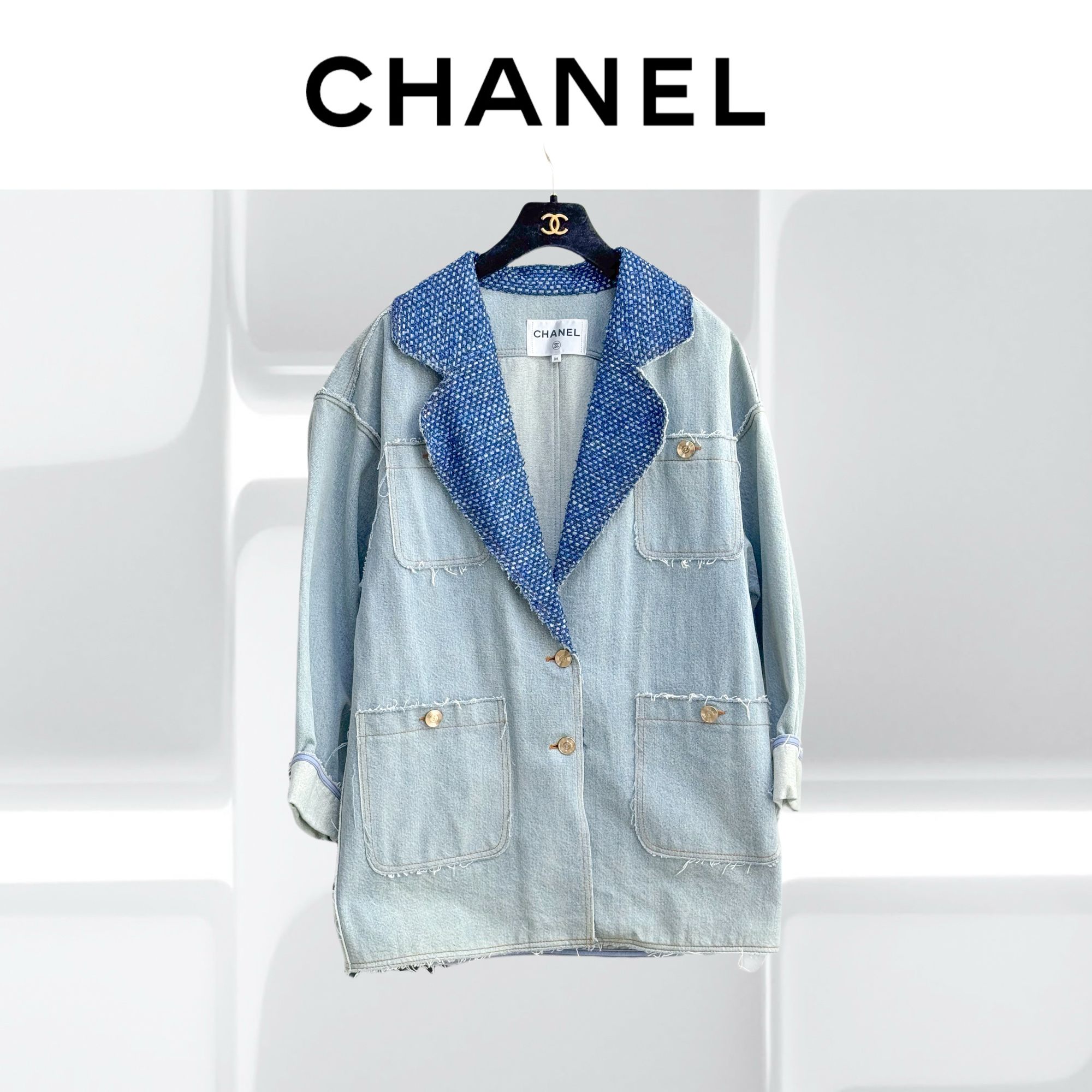 99新 Chanel/香奈儿 34码 蓝色拼深蓝色领 长袖 牛仔 外套