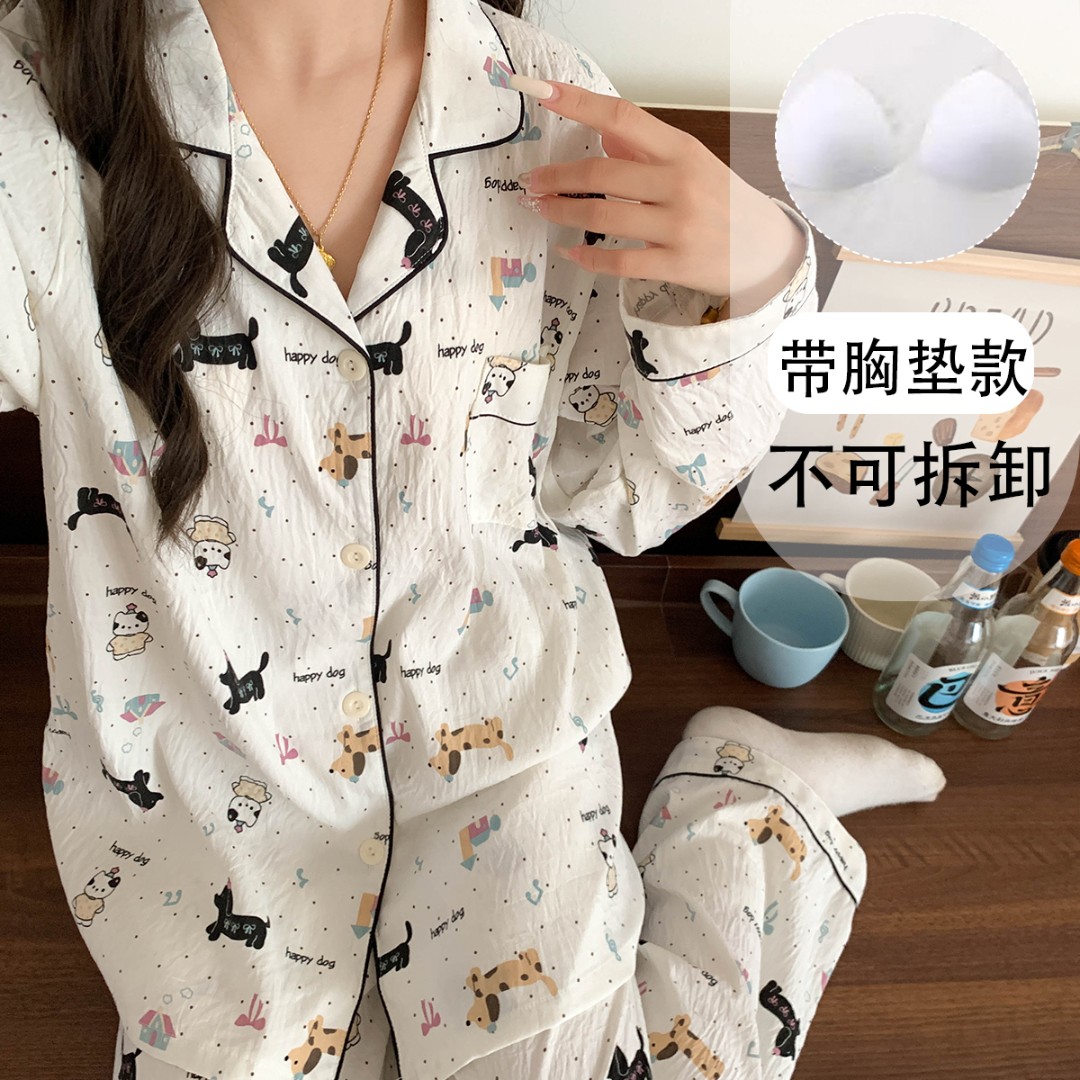 【链接有胸垫版可选】长袖春夏季两件套宽松大码可爱家居服新款睡衣