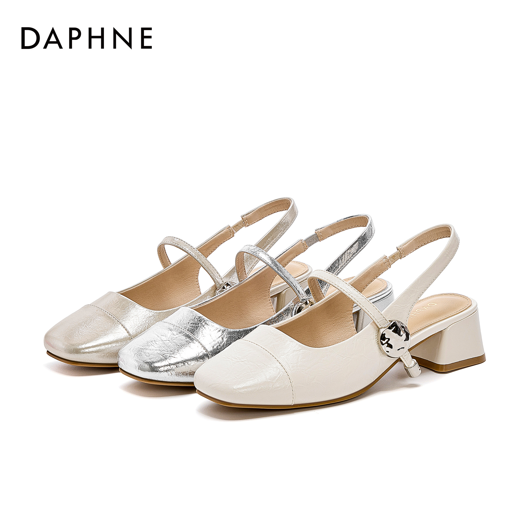 达芙妮2025女士夏季百搭休闲中空透气舒适粗跟一字带方头时装凉鞋