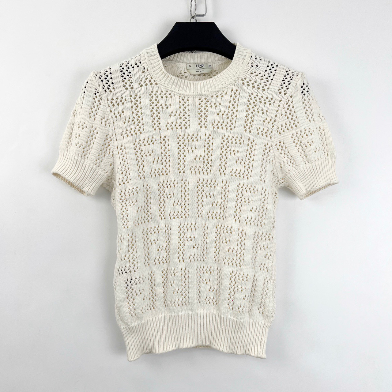 99新 FENDI/芬迪 38码/双F满印logo镂空针织短袖/05737