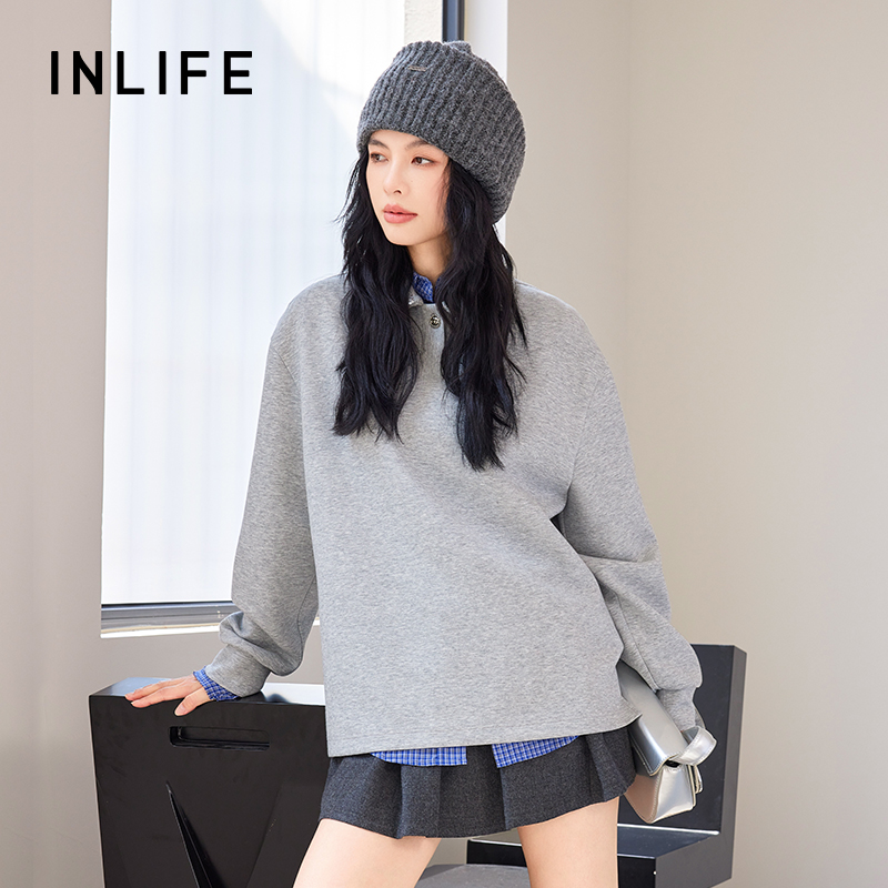 [粉丝专享] 伊纳芙美式亮片翻领休闲卫衣女冬季新款百搭宽松长袖T