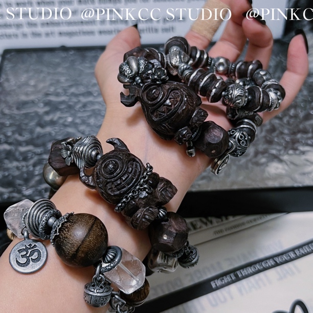 PINKCC紫光檀手工雕刻小怪兽无相珠银钉手串手链
