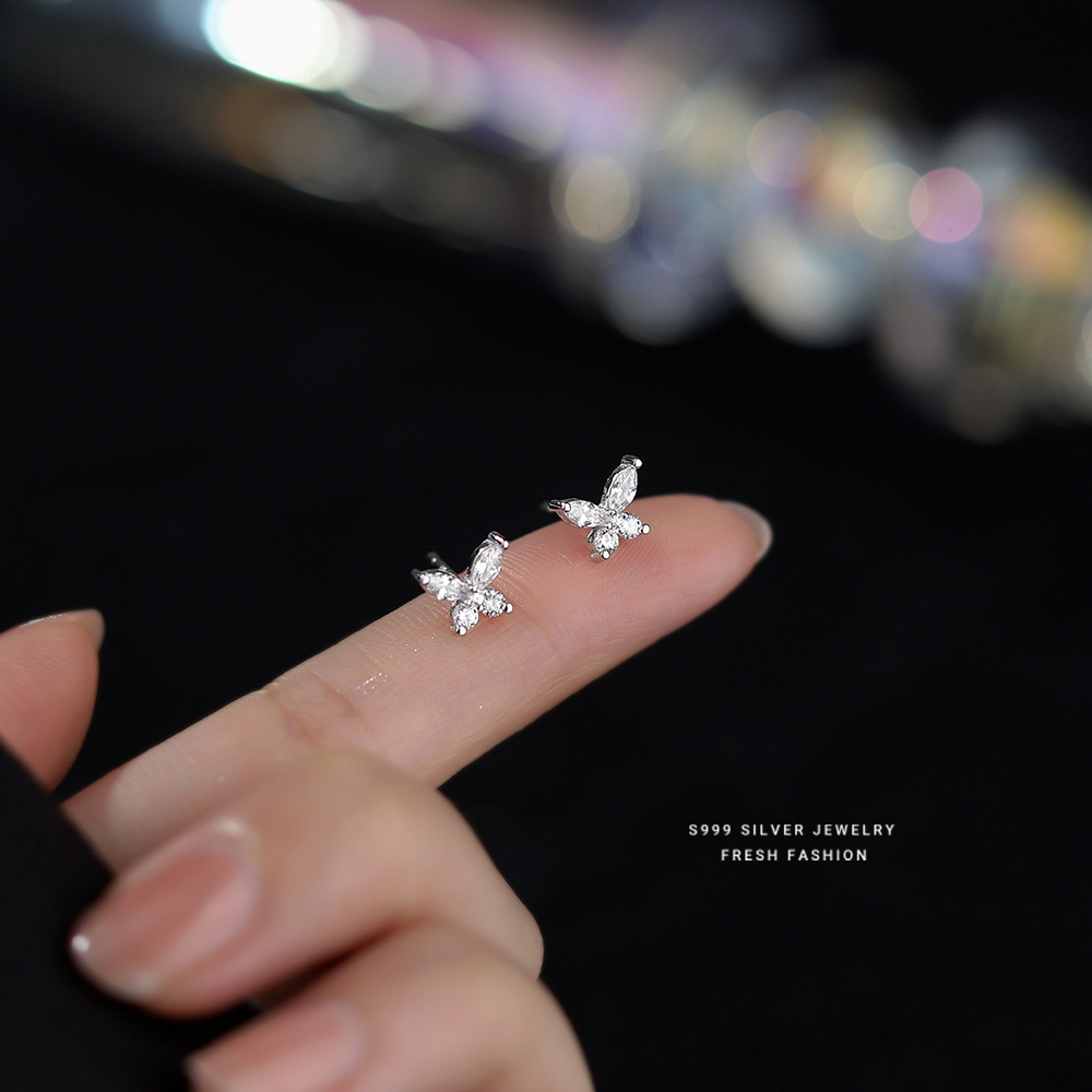 足银合成锆石耳饰 森系镶钻蝴蝶锆石耳钉气质淑女学生养耳洞耳饰