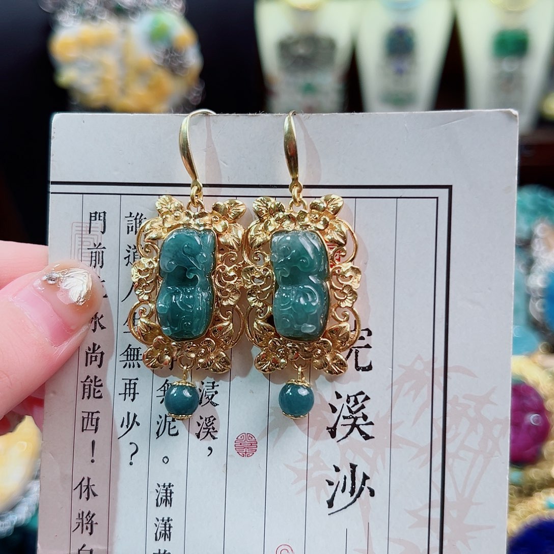 翡翠银S925镶嵌挂件耳环
