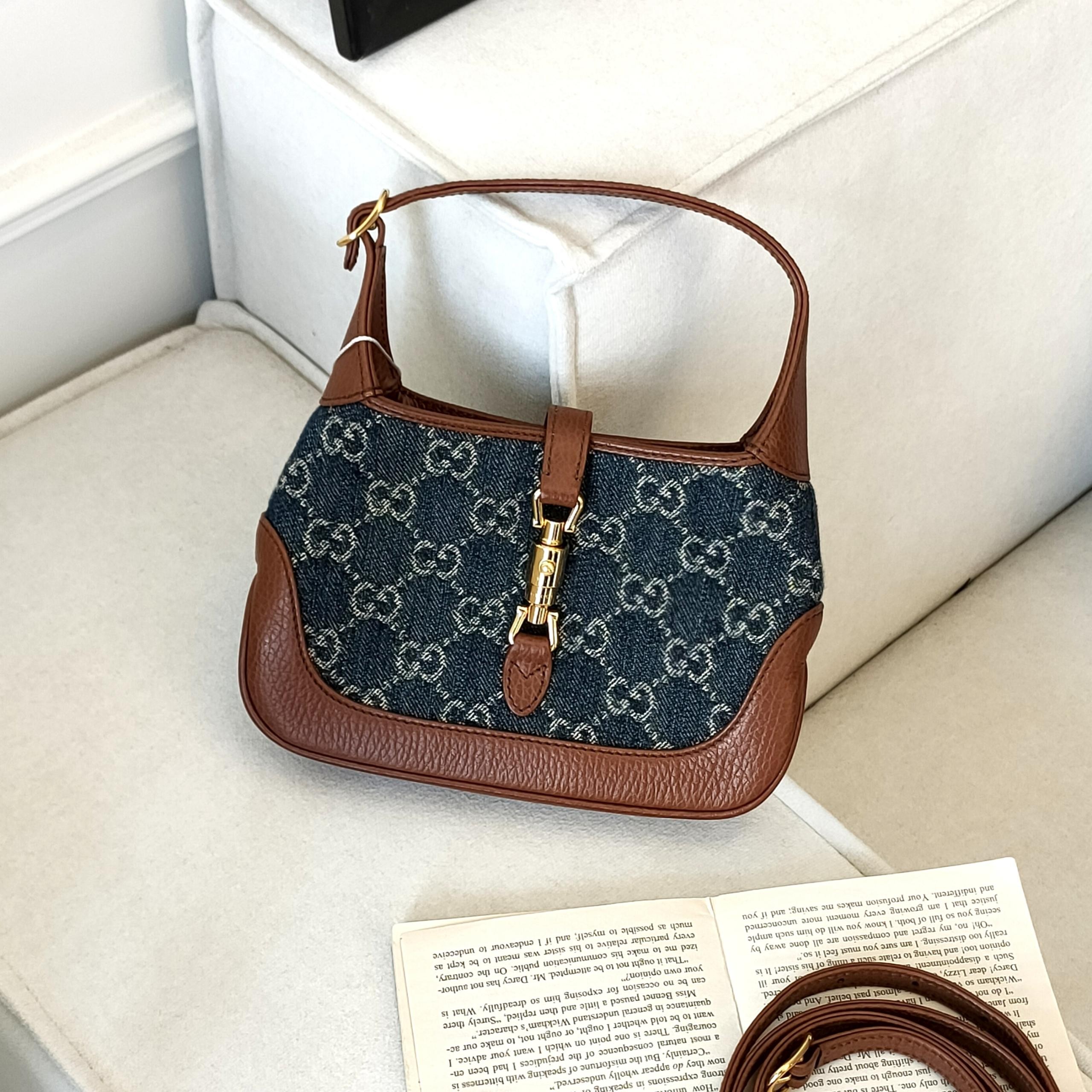 95新 GUCCI/古驰 Azul-蓝色牛仔拼皮jackie mini手提斜挎包 44417