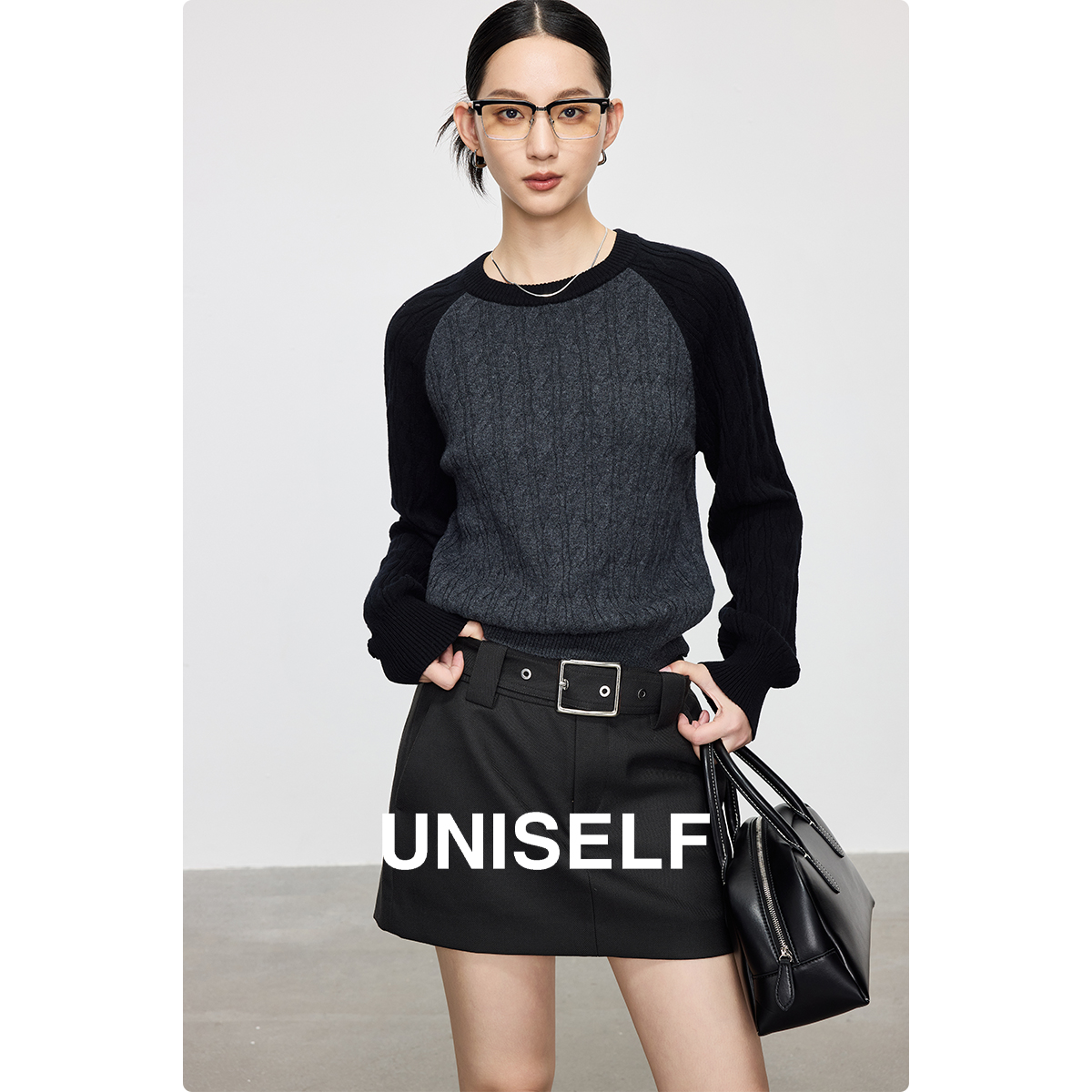 UNISELF全羊毛插肩袖针织衫女春季新款气质宽松上衣100959