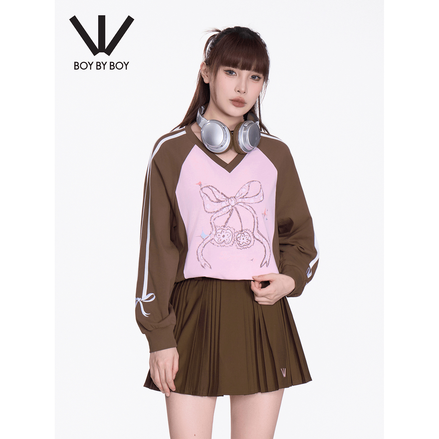 BOY BY BOY2025秋季新款时尚洋气简约翻领撞色显瘦长袖T恤W00007