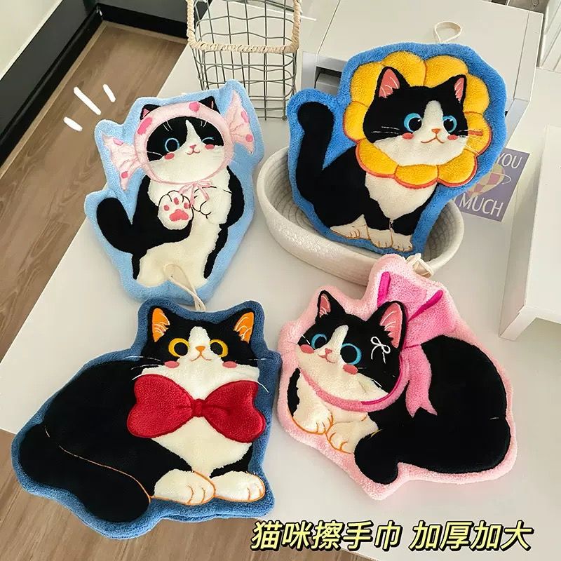 卡通猫咪擦手巾挂式超强吸水加厚毛巾手帕不发臭珊瑚绒厨房卫生间