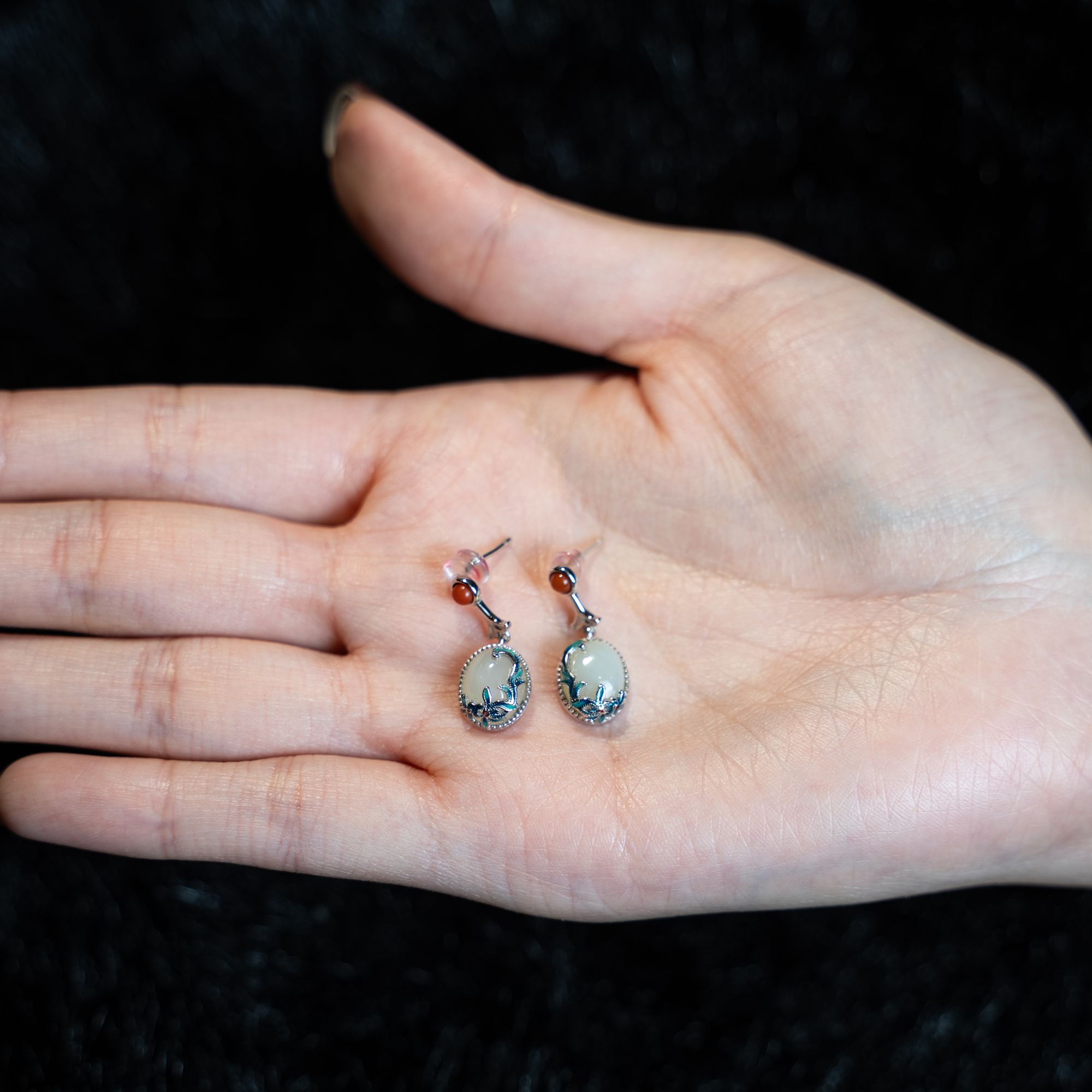 925银景泰蓝和田玉耳坠