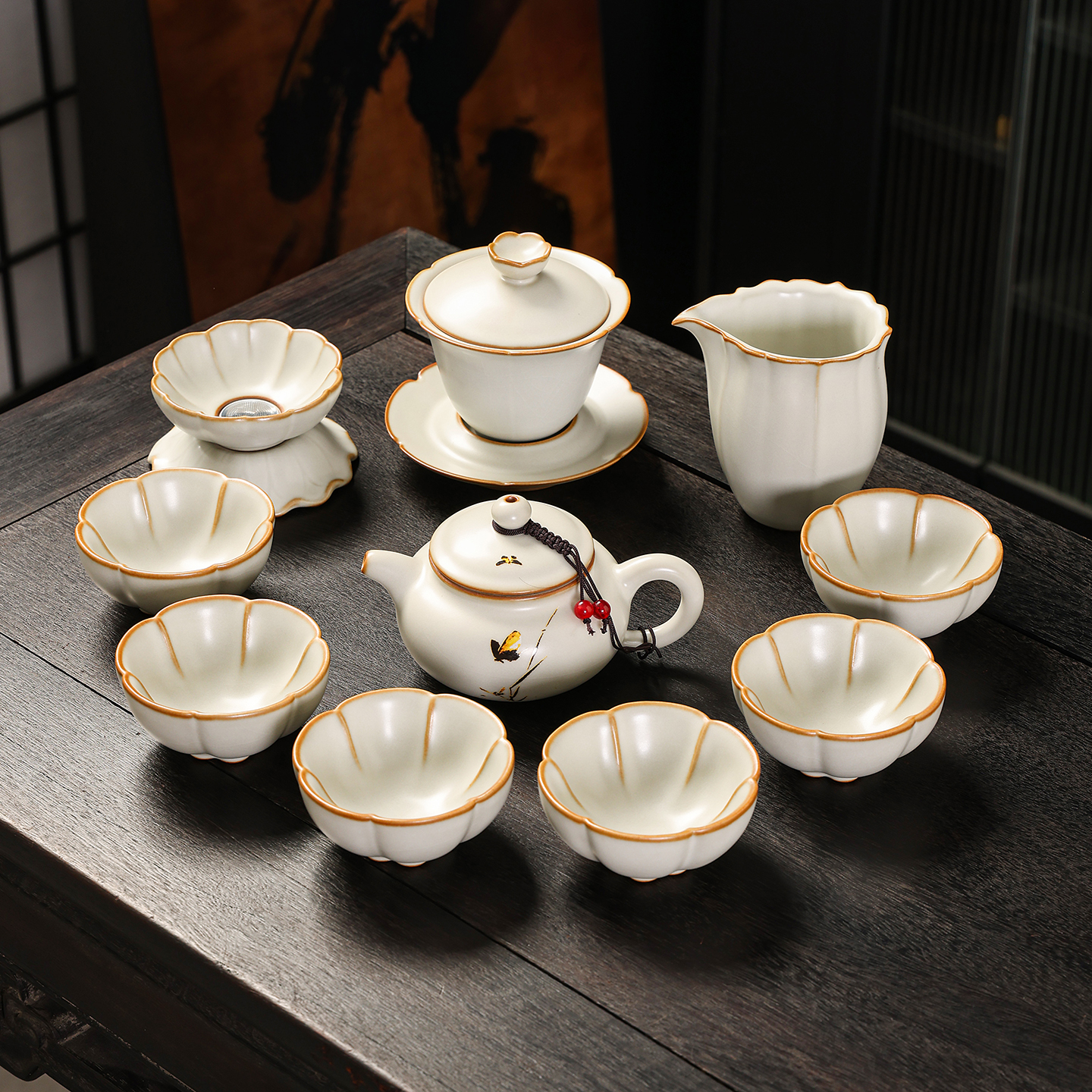 龙寅茶具整套汝窑冰裂功夫套装茶壶茶杯家用办公室送礼茶具礼盒装
