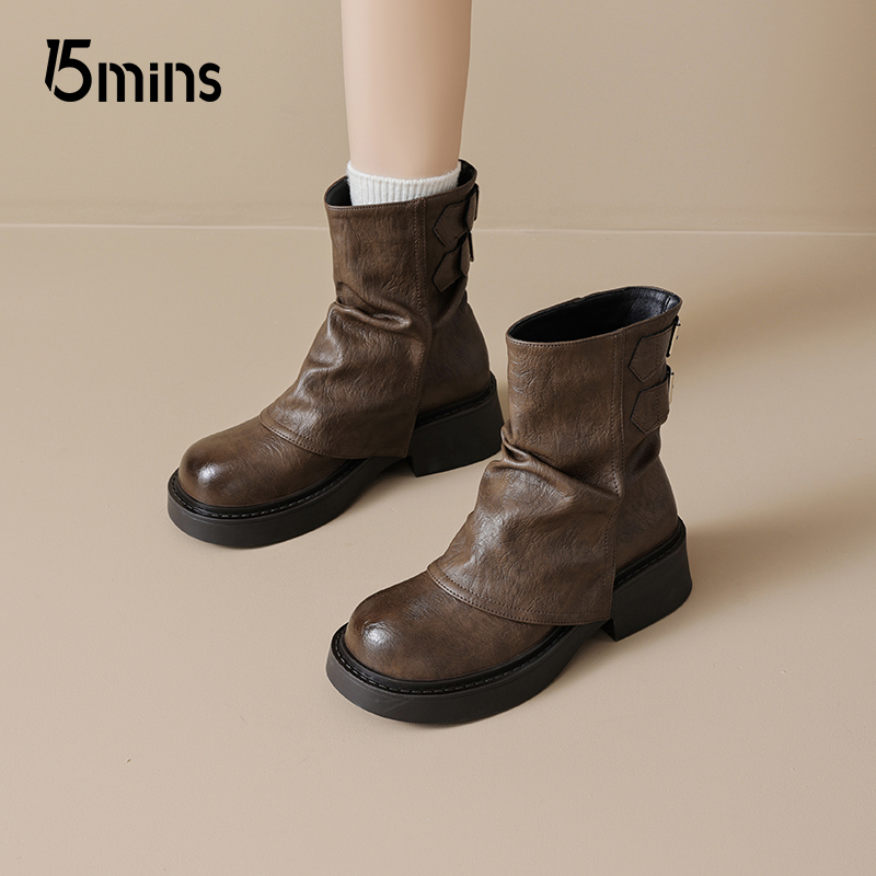 15MINS美拉德马丁靴女款2025新款秋季复古棕色短靴厚底堆堆西部靴