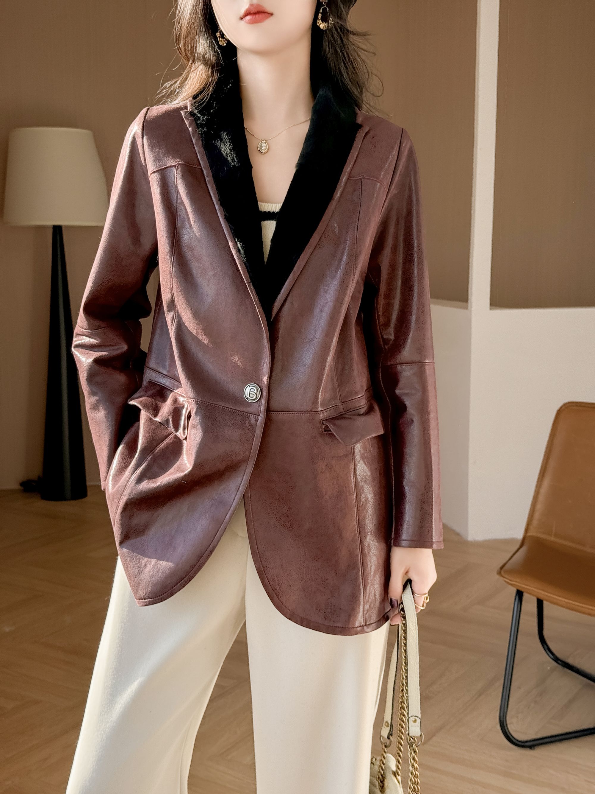 【摩登格调】复古老钱风兔毛剪绒皮毛一体上衣休闲百搭西装外套0987