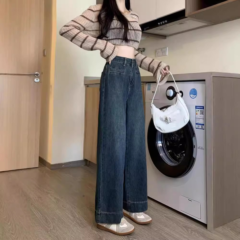 粥胖胖深蓝色牛仔裤女阔腿裤2025新款高腰宽松显瘦小个子直筒裤子