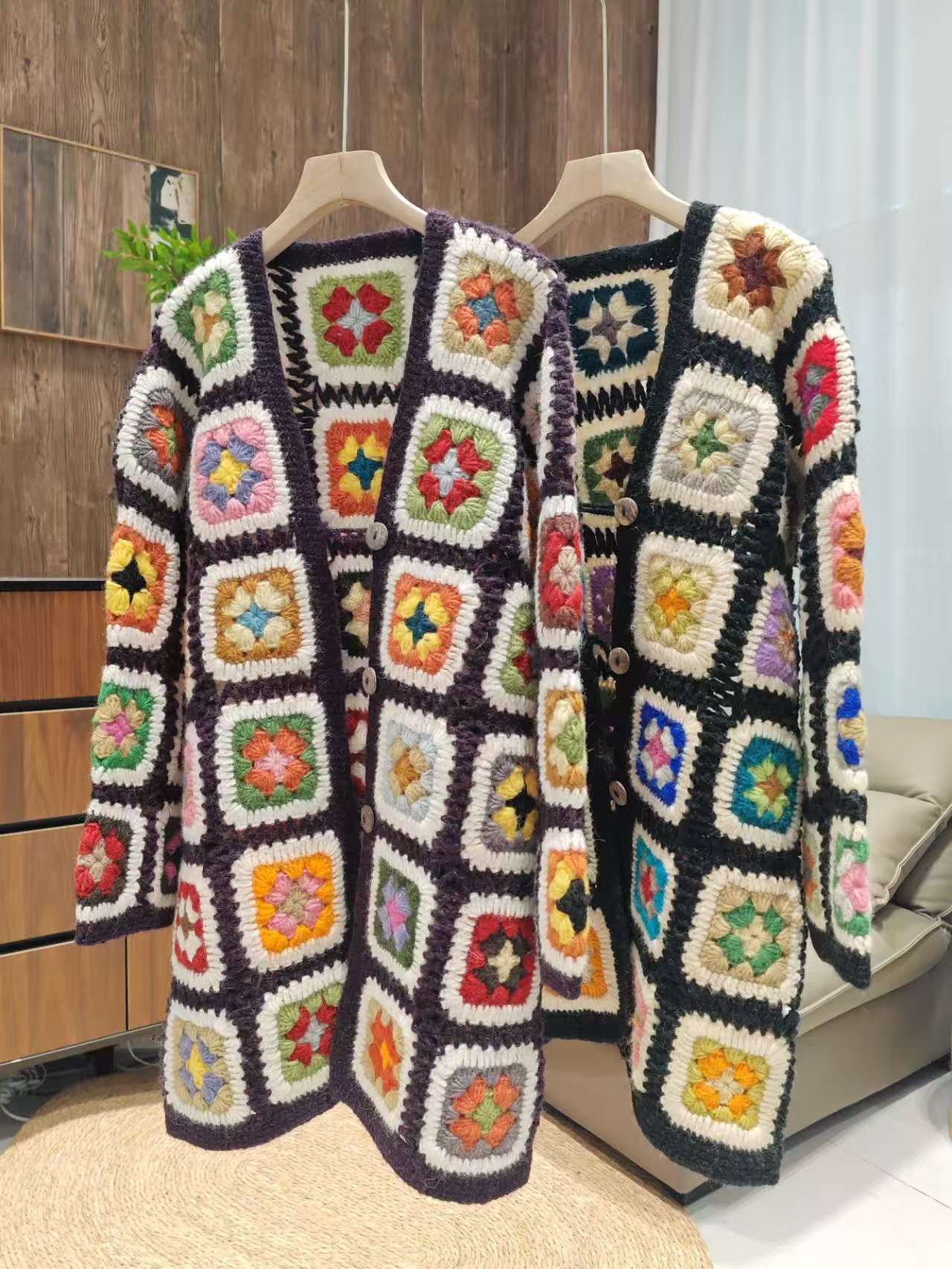 时尚手钩方格镂空编织花房宽松长袖开衫外套