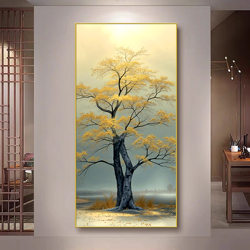 【发财树】现代轻奢风发财树竖版挂画入户玄关高档装饰画