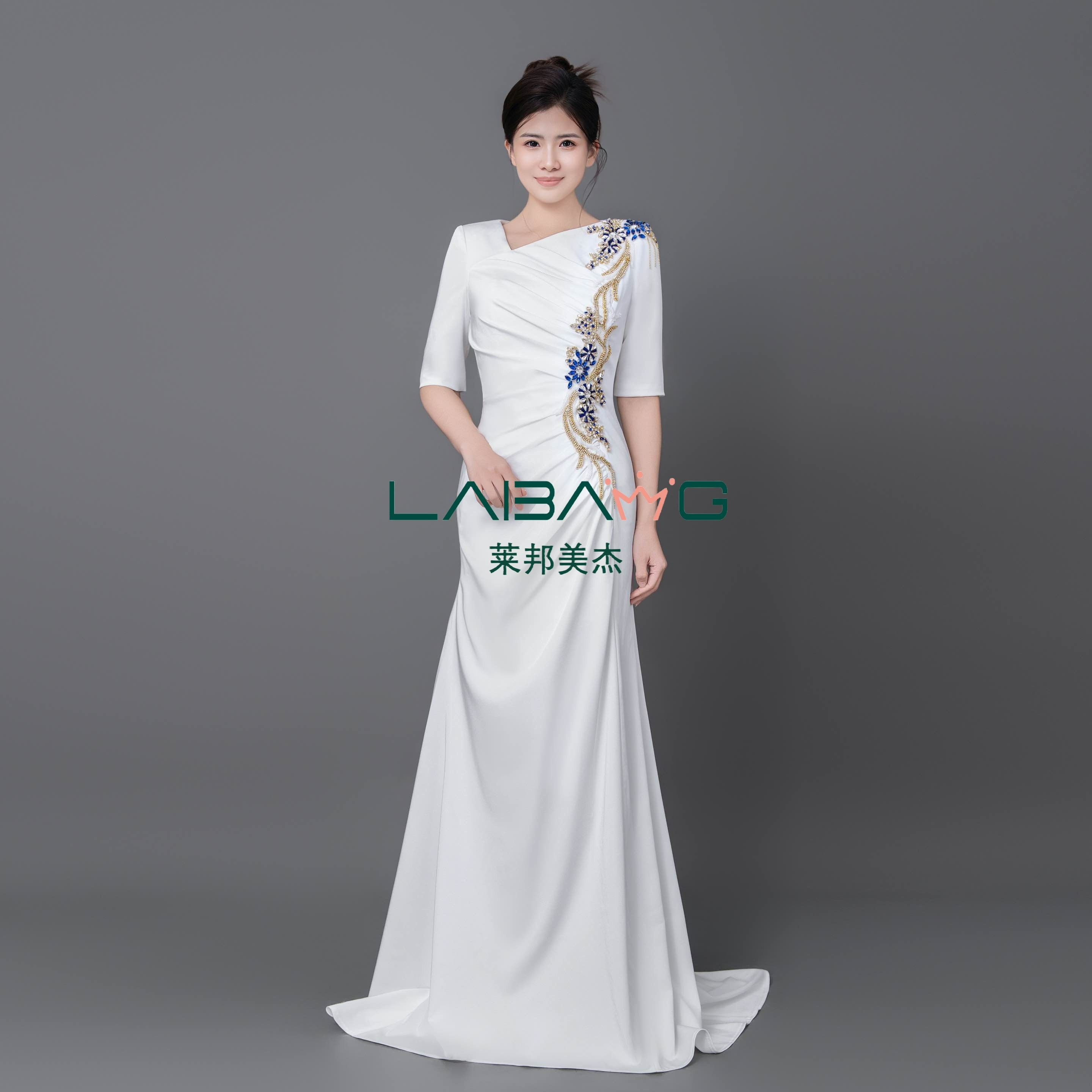 斜方领口短袖抓褶皱遮肉夏季新款主持人演讲礼服