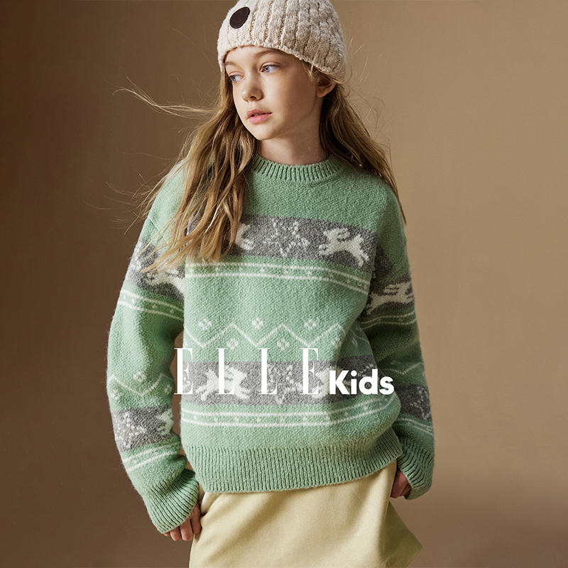 ELLE KIDS童装 提花图案圆领套头毛衣女童冬季新款复古风针织衫N1