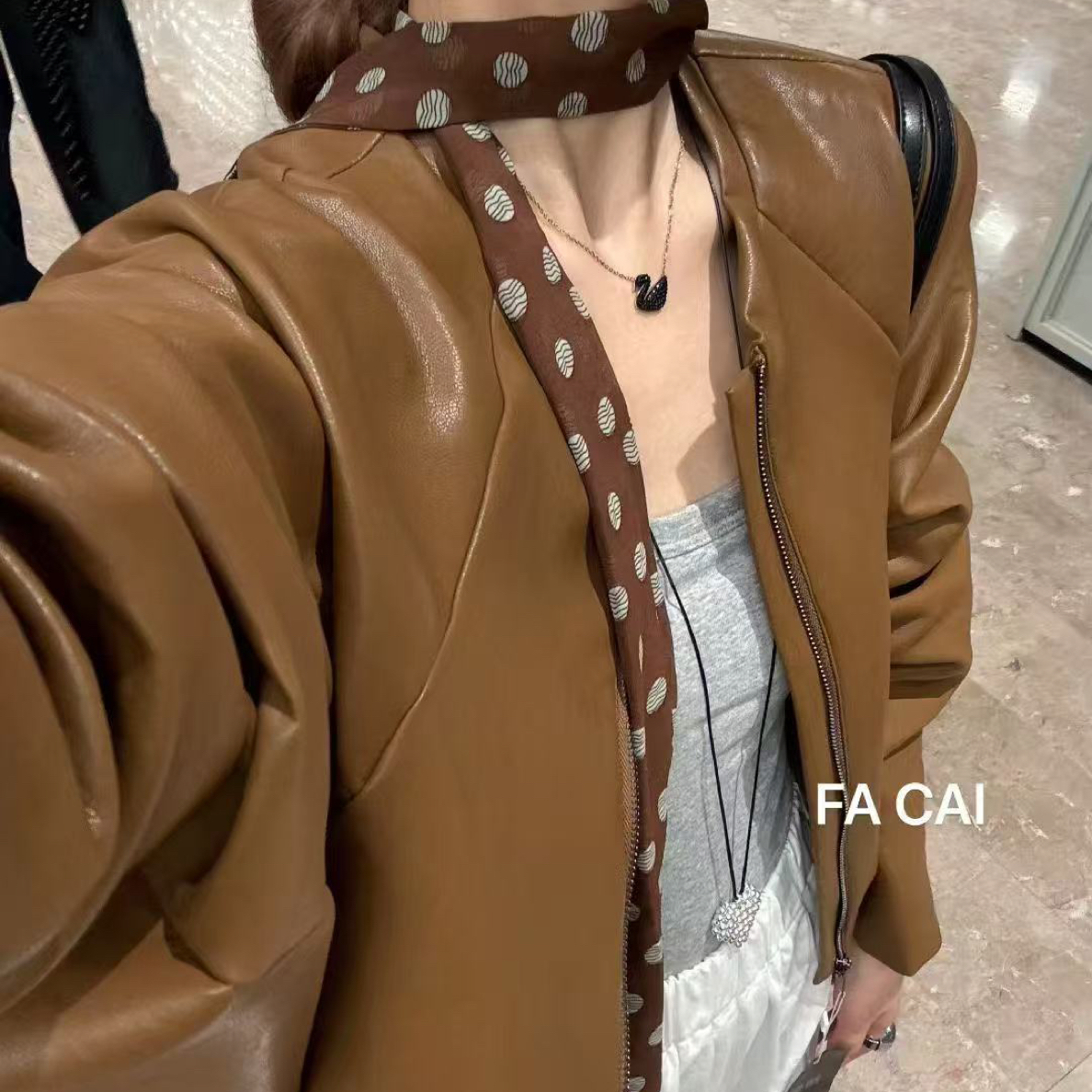 2025新款韩版薄款圆领➕飘带蝙蝠袖柔软蛋白皮衣外套女