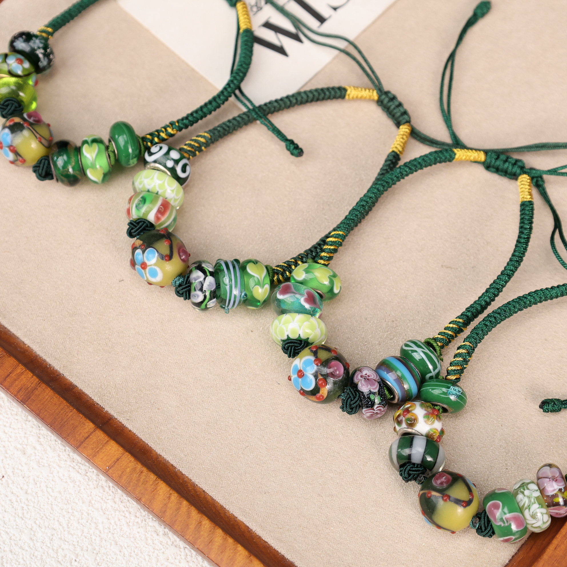 琉璃手链 XC-42 微瑕 绿色绳编转转筒琉璃项链 孤品合集