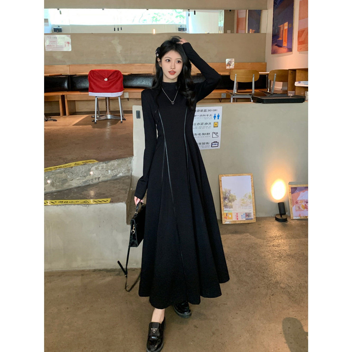 实拍~大码女装法式设计感收腰显瘦长款黑裙子胖mm显瘦连衣裙