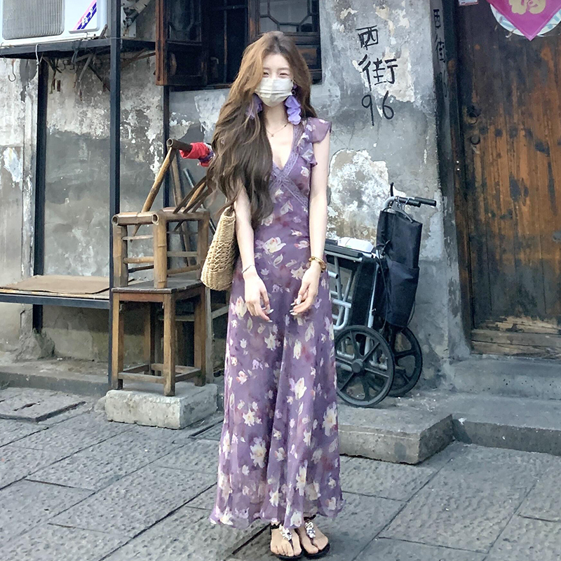 【现货+运贴5米】小飞袖紫色碎花V领连衣裙子女夏2025新款长裙3637