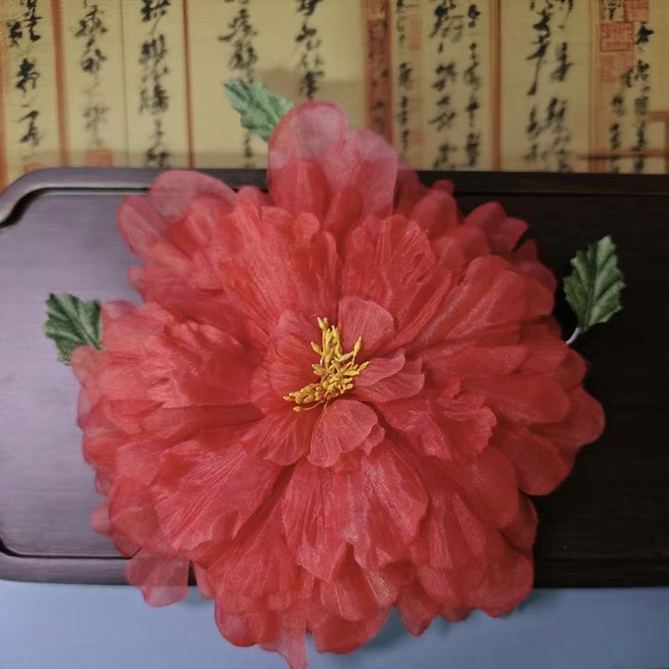 【云鬓花颜阁烫花发夹】红牡丹爆款新中式汉服手工烫花古风发饰A99