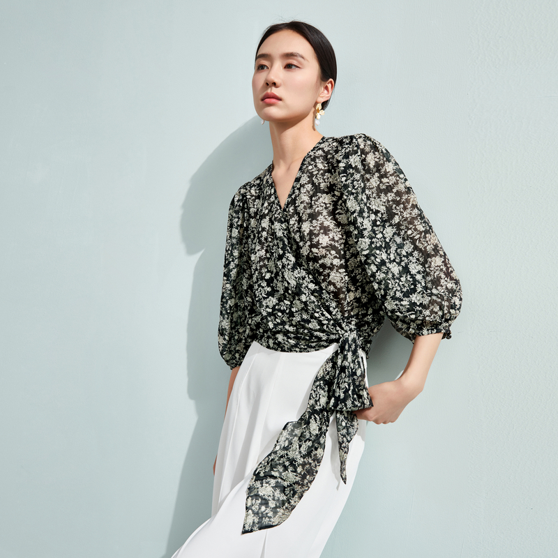 【尚雅专属】气质围裹式蝴蝶结小衫法式碎花上衣 X03BXS2353