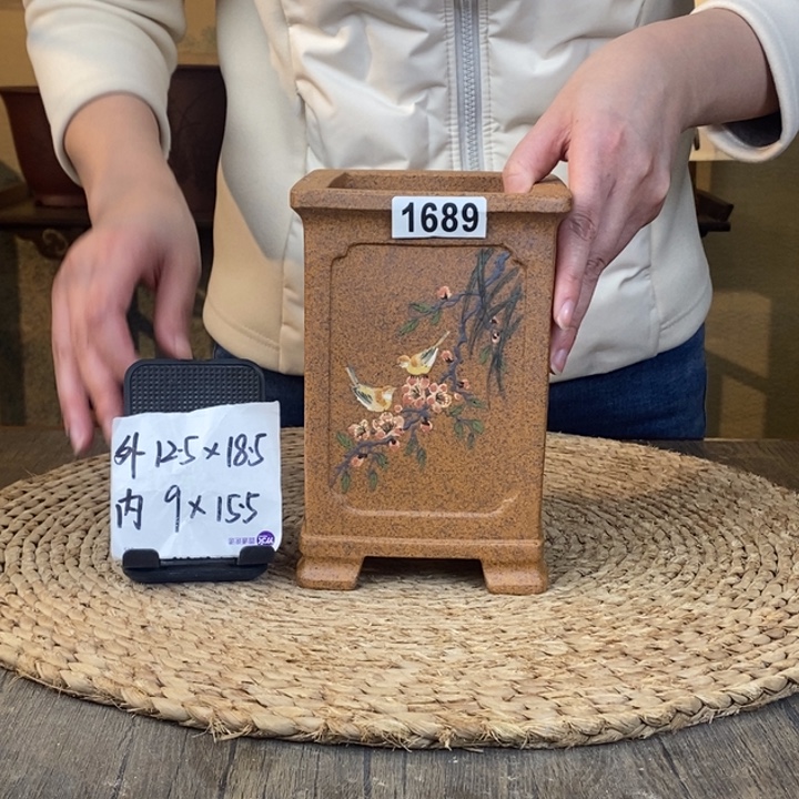 花盆紫砂 新品福利柴烧内奎彩绘四方签筒1689