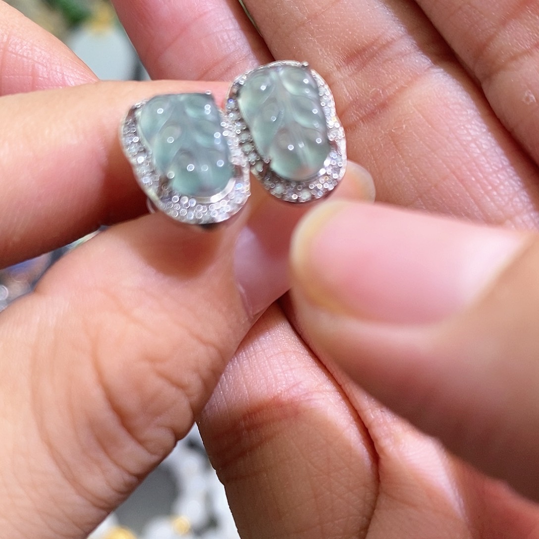 翡翠戒指银S925镶嵌翡翠树叶耳钉925银镶嵌