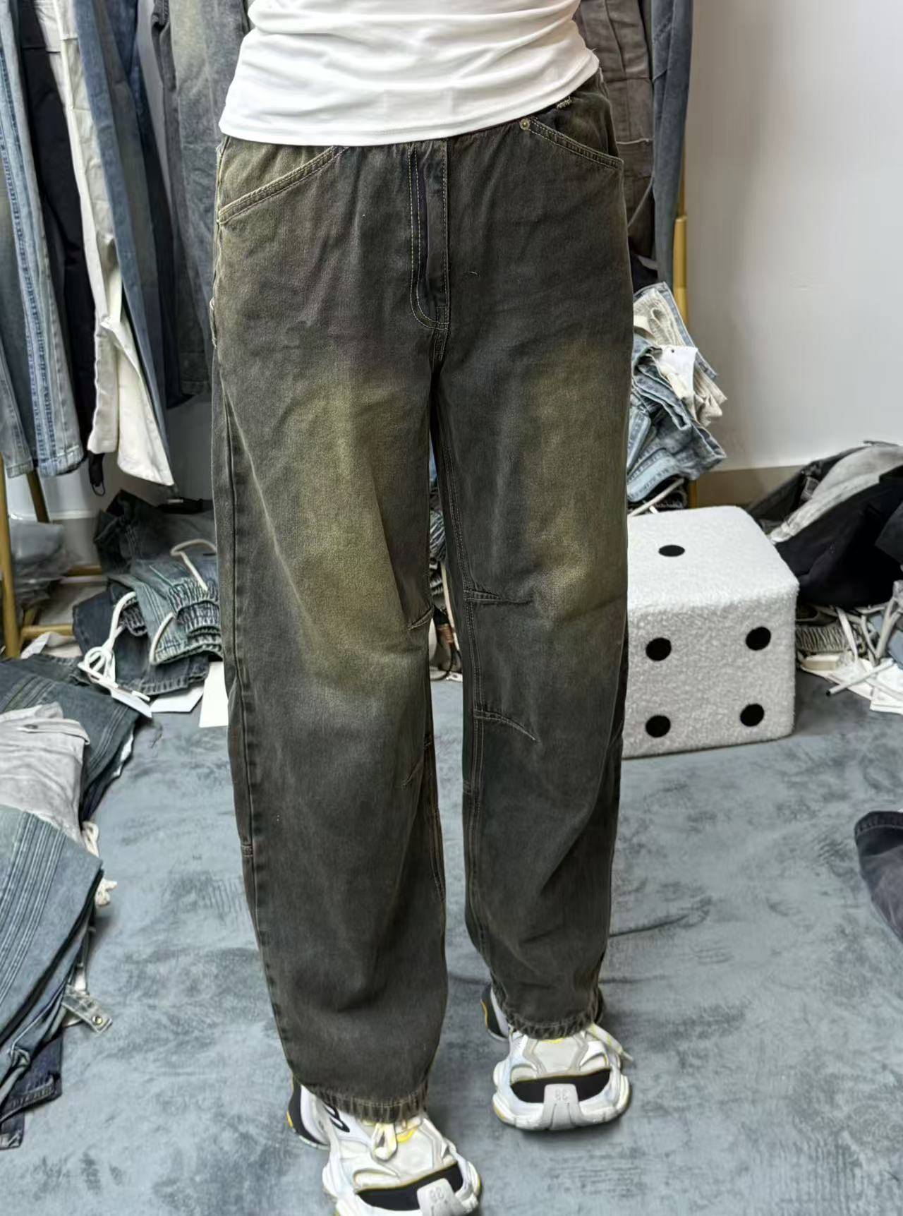 美式休闲流苏水洗黄泥色直筒阔腿春秋长裤牛仔裤复古无弹力休闲风